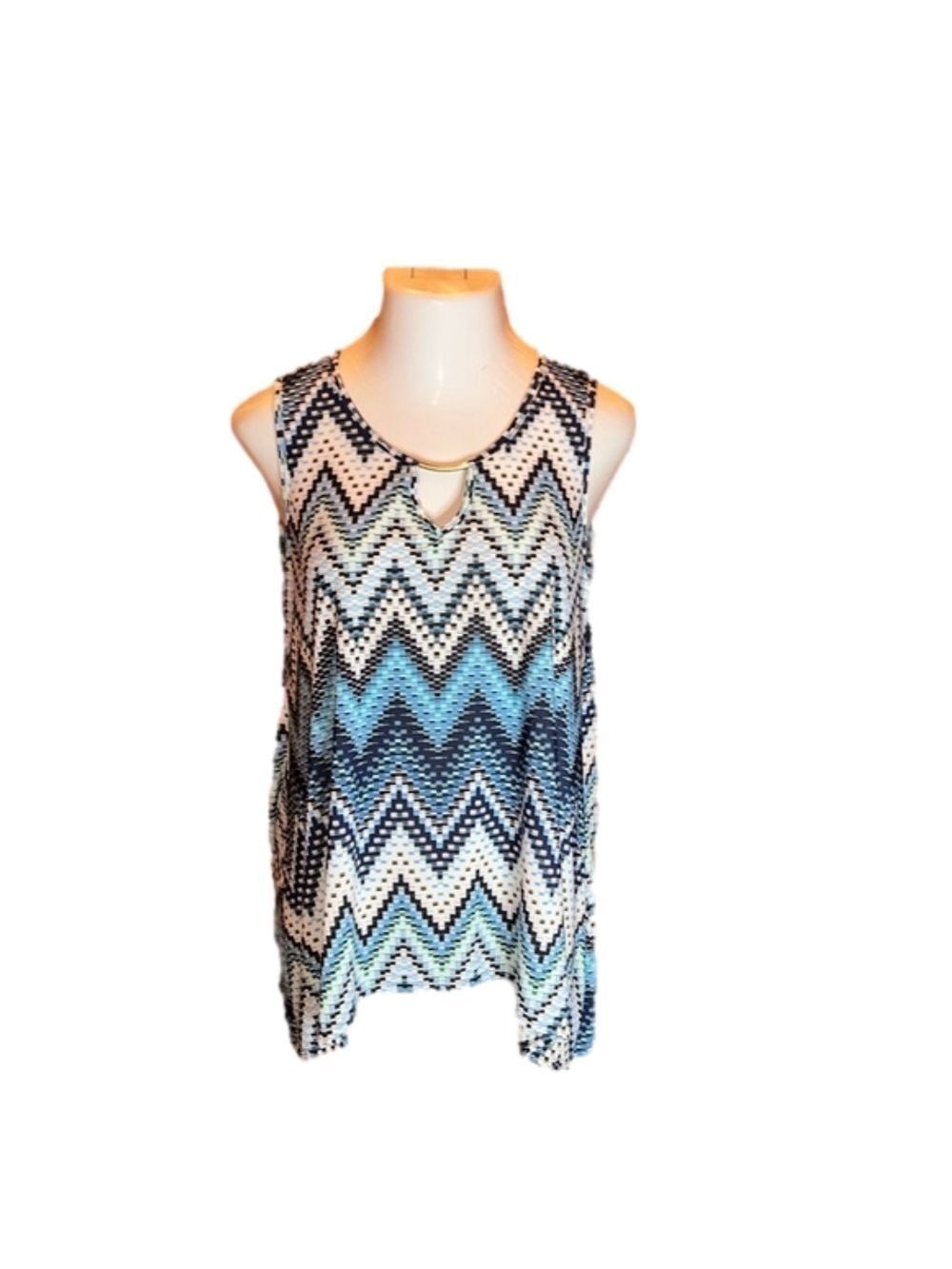 LAVISH Shades of Blue & Green Print Hi-Low Tank Top Size L